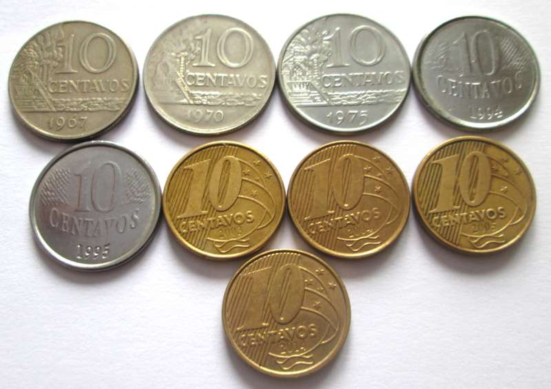 10 Centavos Brasil 1967 + 1970 + 1975 + 1994 + 1995 + 2003 - 2005 + 2014