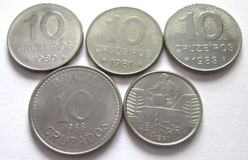 10 Cruzeiros Brasil 1980 + 1981 + 1983 +1988 + 1991