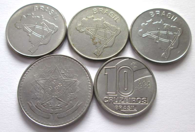 10 Cruzeiros Brasil 1980 + 1981 + 1983 +1988 + 1991