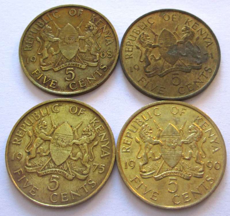 5 Cents Kenya 1968 + 1971 + 1975 + 1990