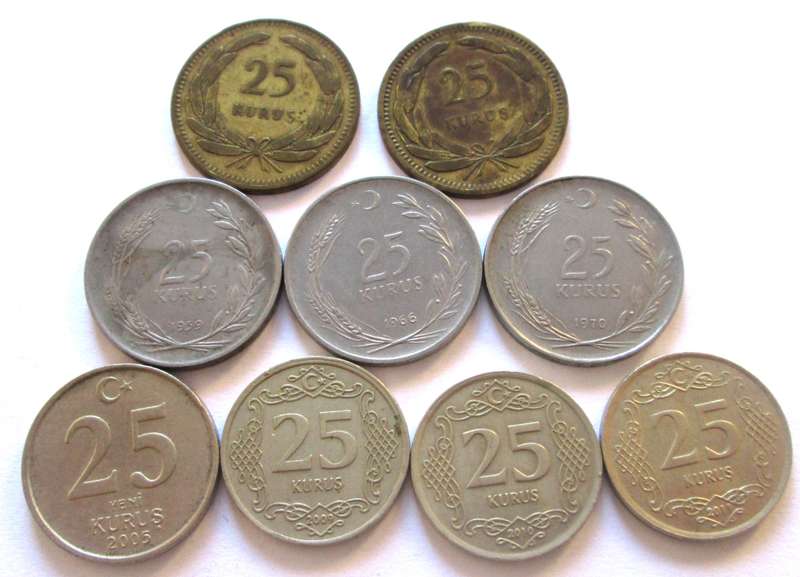 25 Kurus Turkey 1948 + 1956 + 1959 + 1966 + 1970 + 2005 + 2009 + 2010 + 2011