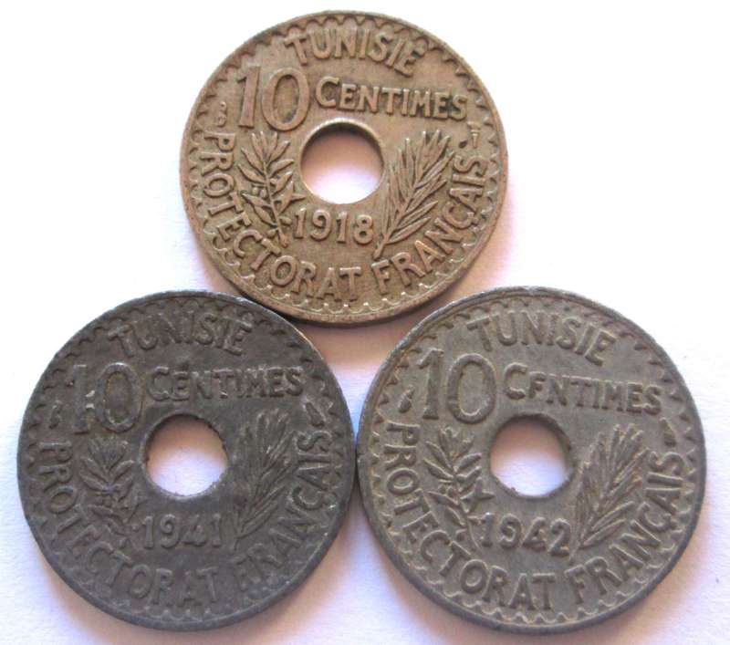 10 Centimes Tunisia 1918 + 1941 + 1942