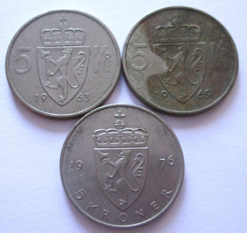 5 Krone Norway 1963 + 1969 + 1976