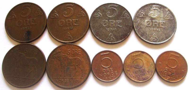 5 Ore Norway 1930 + 1941 + 1942 + 1959 + 1971 + 1973 + 1975 + 1977