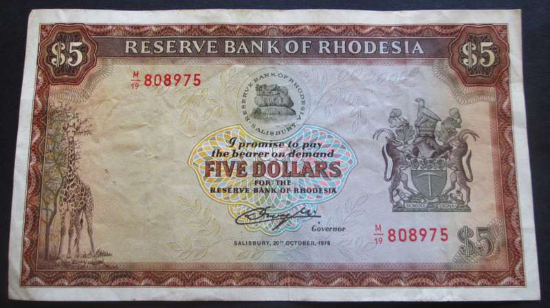 1978 Rhodesia Banknote Five Dollars Serial Nr M19 808975