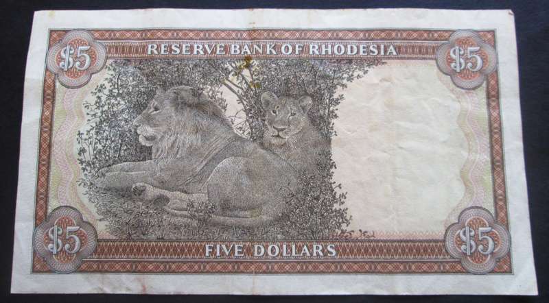 1978 Rhodesia Banknote Five Dollars Serial Nr M19 808975