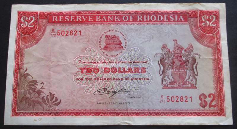 1979 Rhodesia Banknote Two Dollars Serial Nr K172 502821