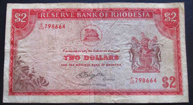 1979 Rhodesia Banknote Two Dollars Serial Nr K170 798664