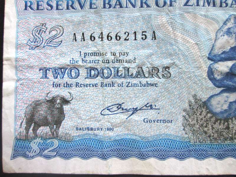 1980 Two Dollars Zimbabwe No AA6466215A