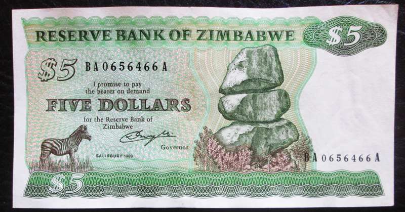 1980 Five Dollars Zimbabwe No BA 0656466A
