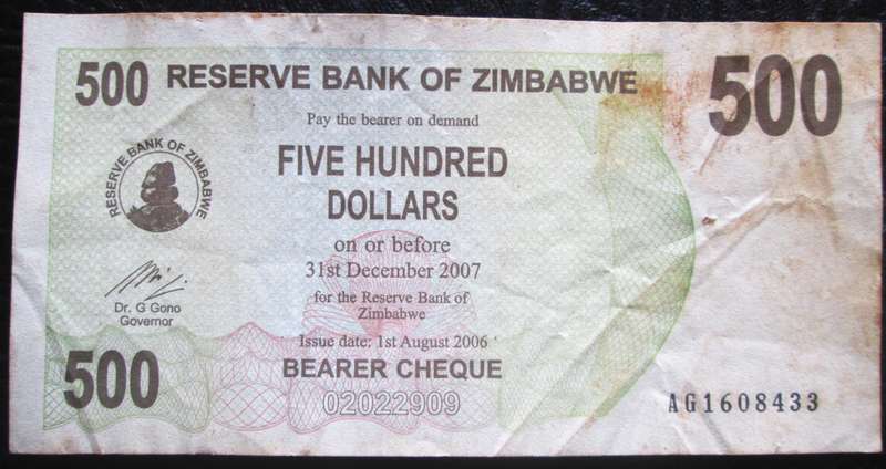 500 Hundred Dollars Zimbabwe 2006 No AG1608433