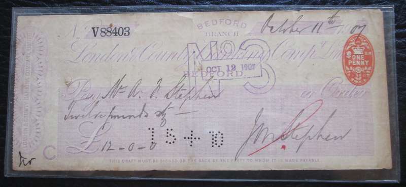 1907 British Cheque by London County Bank No V88403 Bedford Branch