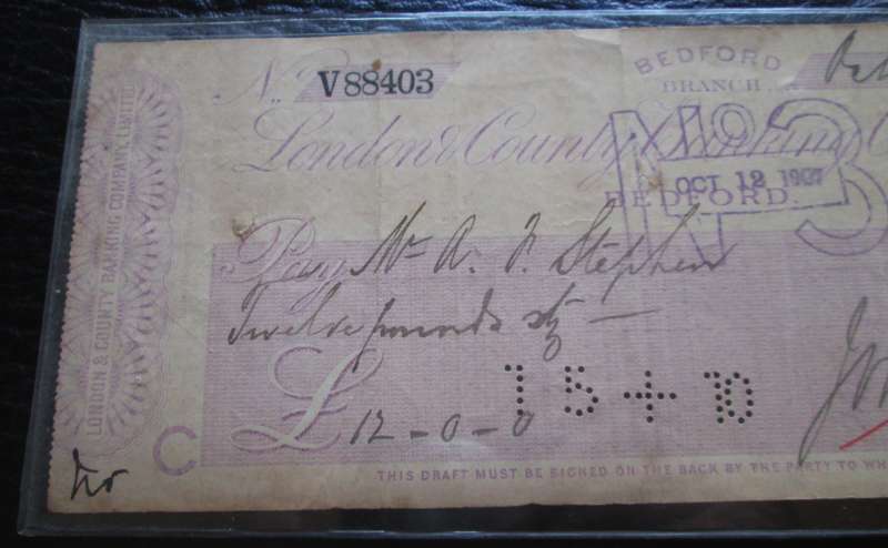 1907 British Cheque by London County Bank No V88403 Bedford Branch