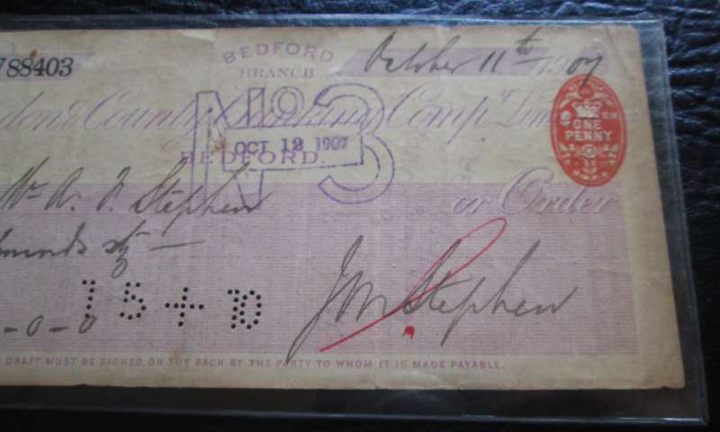 1907 British Cheque by London County Bank No V88403 Bedford Branch