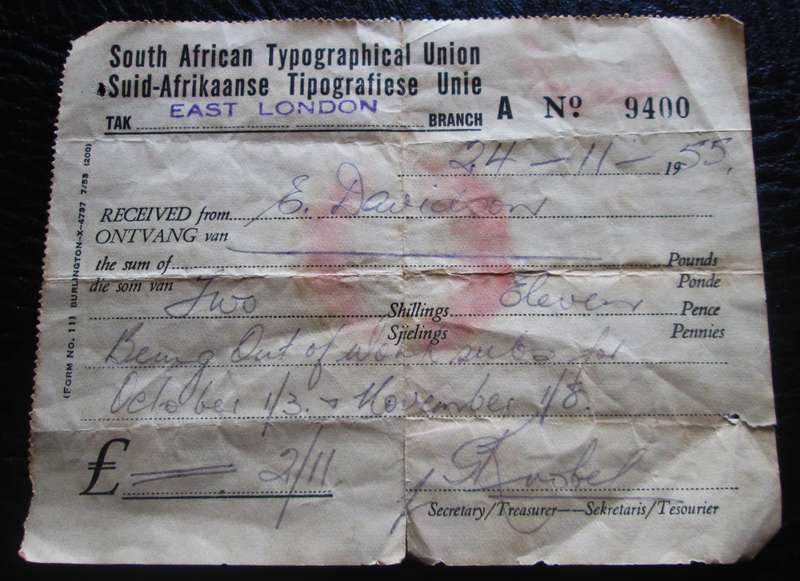 1955 South Africa Typographical Union No 9400 East London 2 Shillings 11 Pence