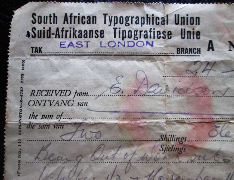 1955 South Africa Typographical Union No 9400 East London 2 Shillings 11 Pence