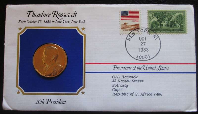 1983 Theodore Roosevelt 26th President US Mint Presidential Medal Postal Cover