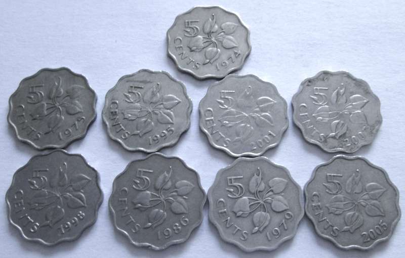 5 Cents Swaziland 1974 + 1975 + 1979 + 1986 + 1995 + 1998 + 2001 + 2005 + 2007