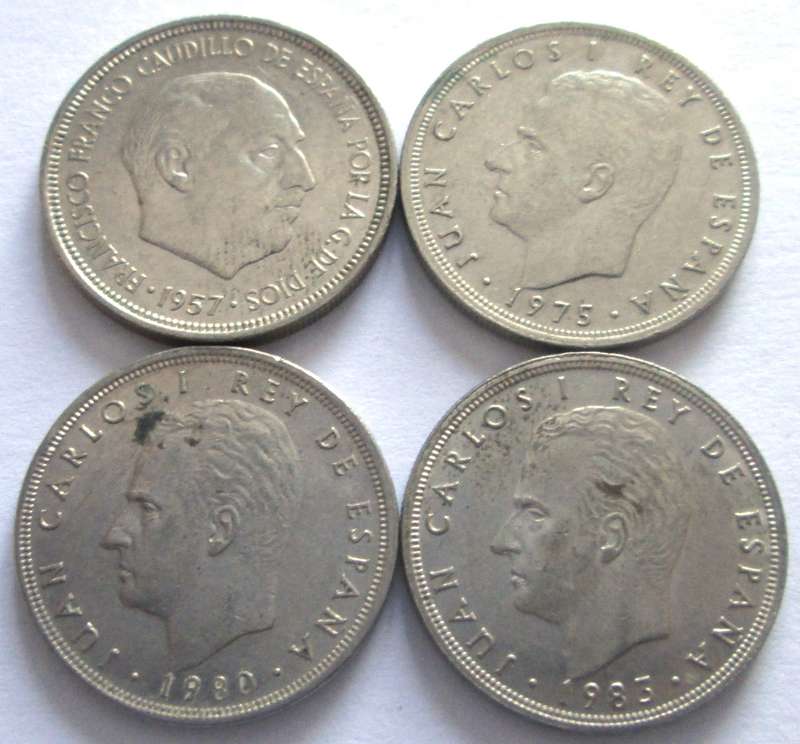 5 Pesetas Spain 1957 + 1975 + 1980 + 1983