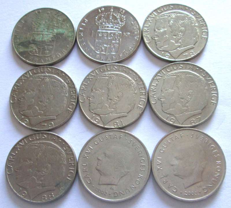 1 Krona Sweden 1972 + 1973 + 1978 + 1979 + 1981 + 1987 + 1988 + 2002 + 2003