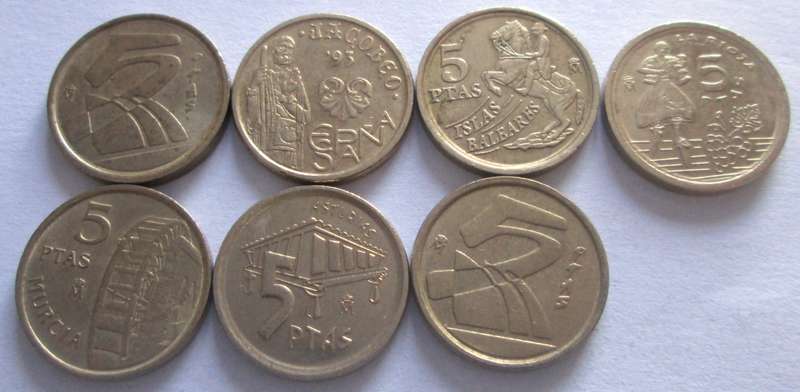 5 Pesetas Spain 1992 + 1993 + 1995 + 1996 + 1997 + 1998 + 1999