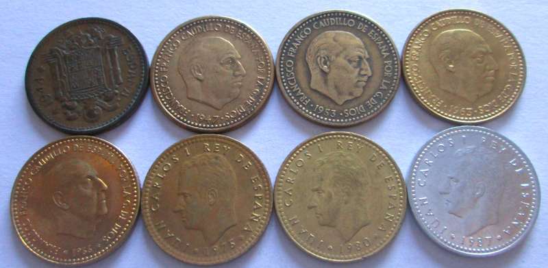 1 Peseta Spain 1944 + 1947 + 1953 + 1963 + 1966 + 1975 + 1980 + 1987