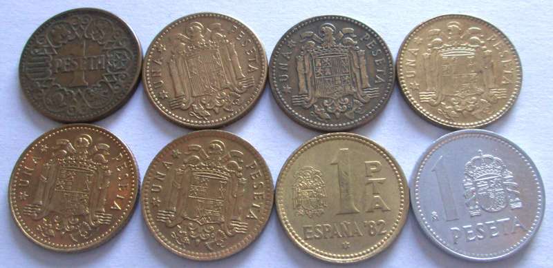 1 Peseta Spain 1944 + 1947 + 1953 + 1963 + 1966 + 1975 + 1980 + 1987