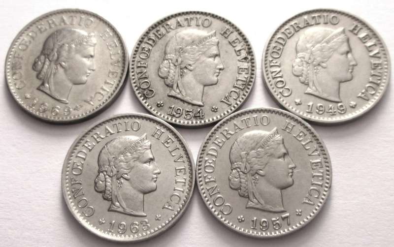 5 Rappen Switzerland 1949 + 1954 + 1957 + 1963 + 1969