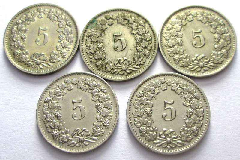 5 Rappen Switzerland 1949 + 1954 + 1957 + 1963 + 1969