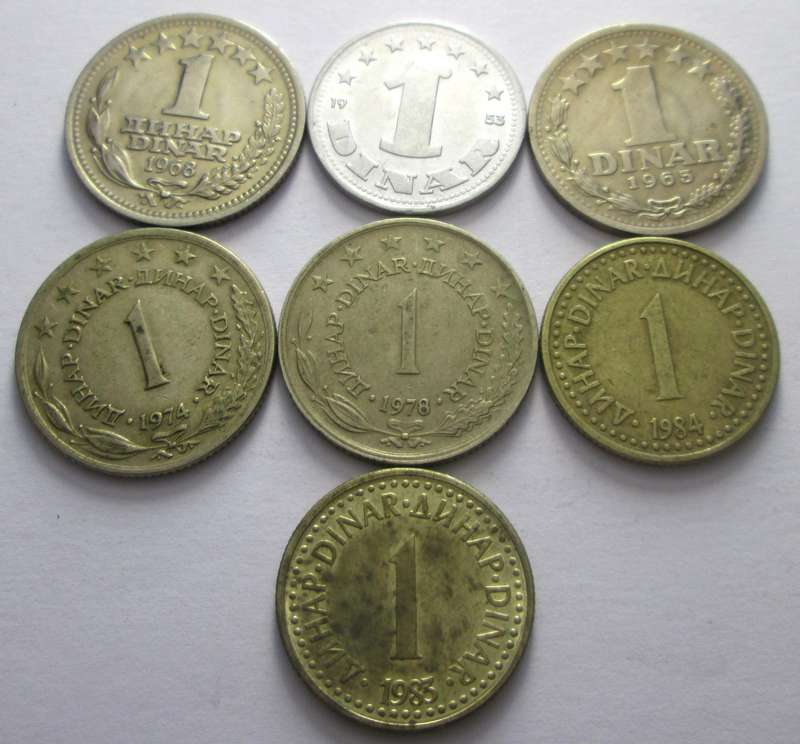 1 Dinar Yugoslavia 1953 + 1965 + 1968 + 1974 + 1978 + 1983 + 1984