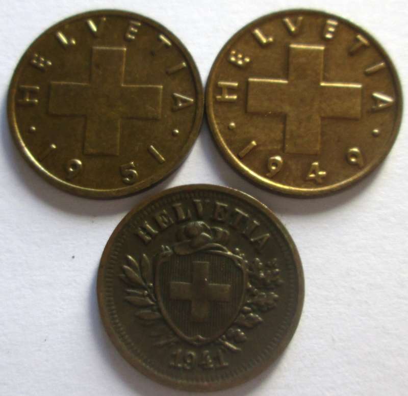 1 Rappen Switzerland 1941 + 1949 + 1951