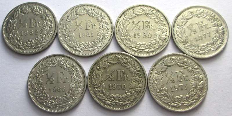 Half Franc Switzerland 1969 - 1971 + 1977 + 1981 + 1982 + 1986