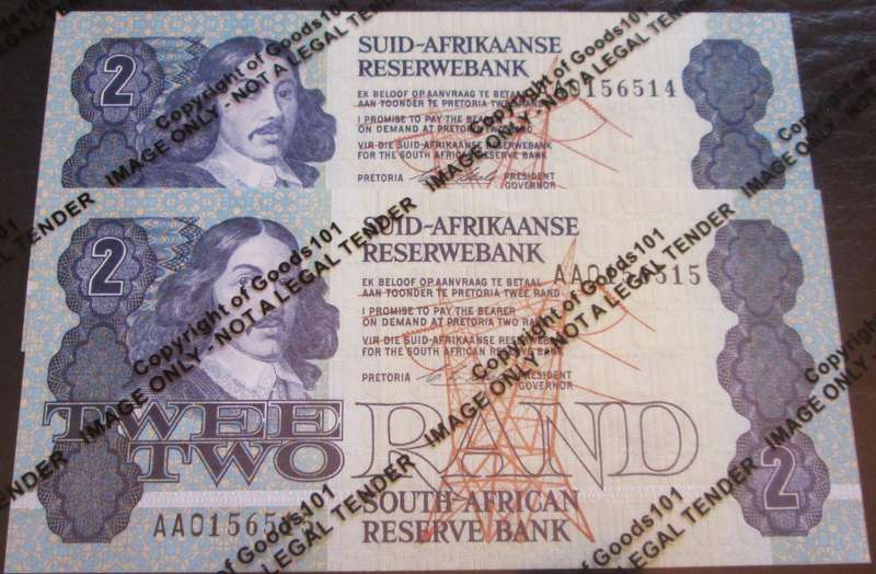 Two Rand Republic of South Africa Serial Nr AA0156514 to AA0156515