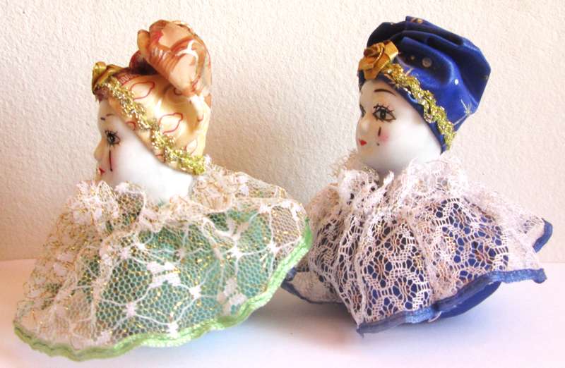 Harlequin Porcelain Head Pin Cushion Dolls