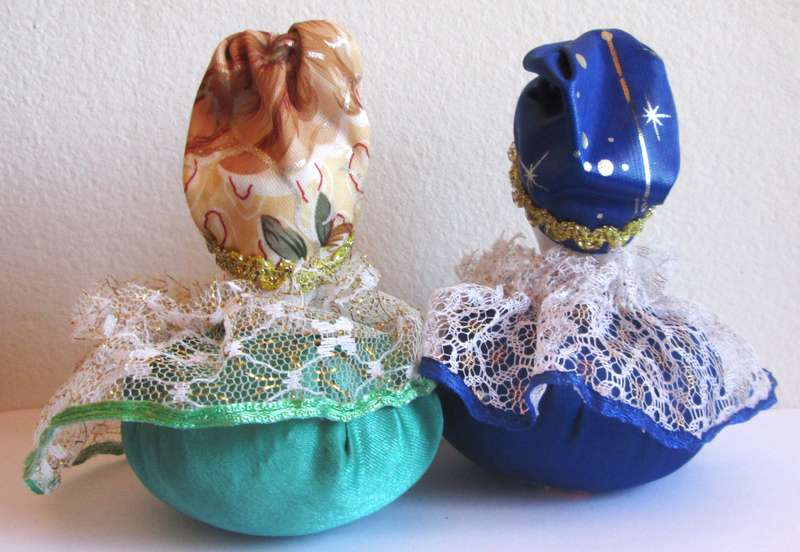 Harlequin Porcelain Head Pin Cushion Dolls