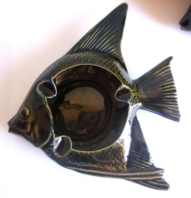 Glazed Blue Green Angel Fishes Ceramic Ashtrays