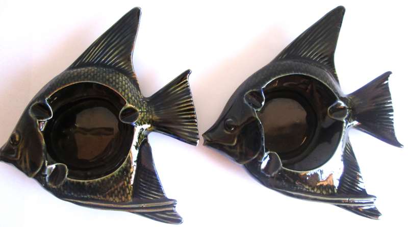 Glazed Blue Green Angel Fishes Ceramic Ashtrays