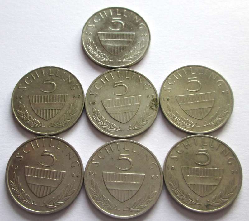 5 Schillings Austria 1969 + 1971 + 1972 + 1983 + 1984 + 1989 + 1990