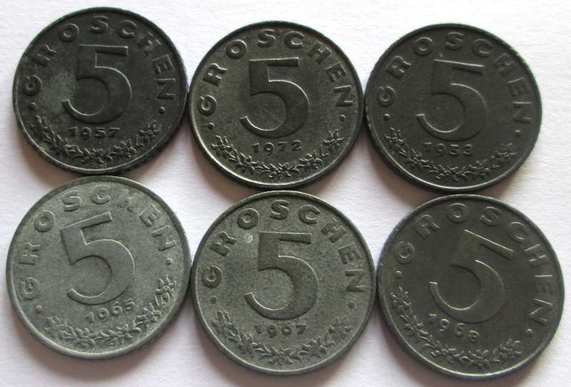 5 Groschen Austria 1953 + 1957 + 1965 + 1967 + 1968 + 1972