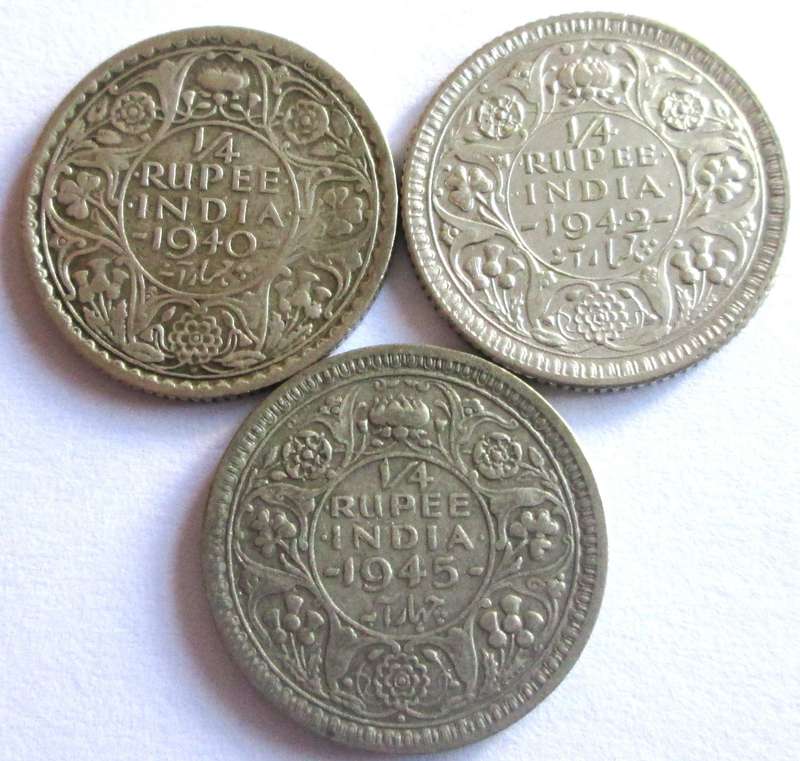 Quarter Rupee British India 1940 + 1942 + 1945