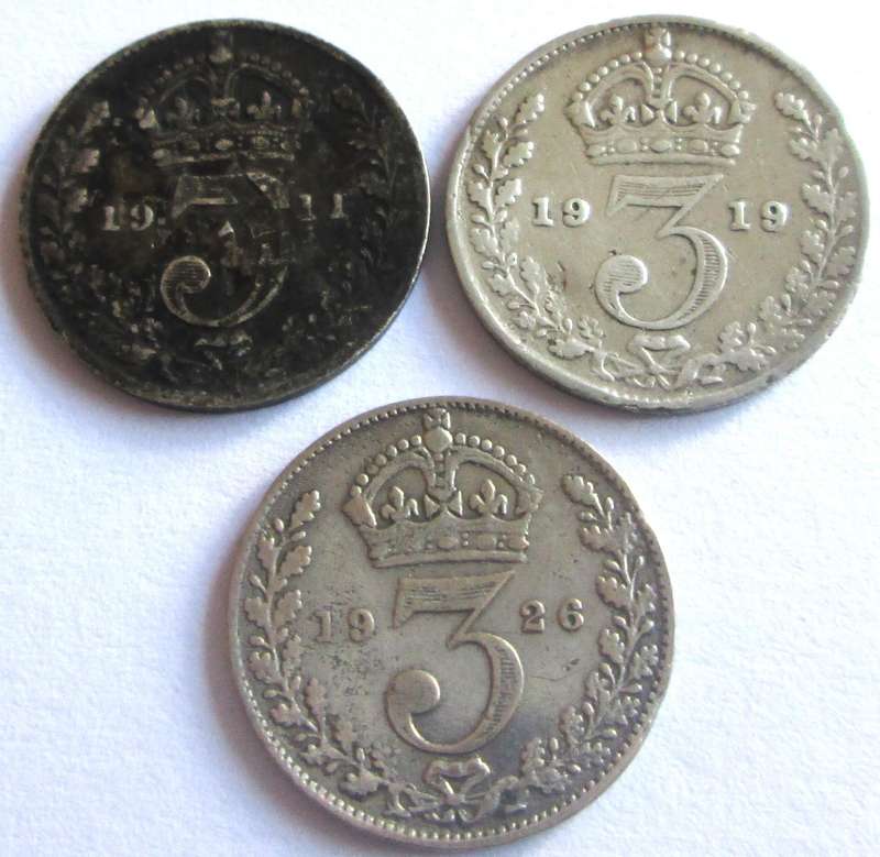 3 Pence Great Britain 1911 + 1919 + 1926