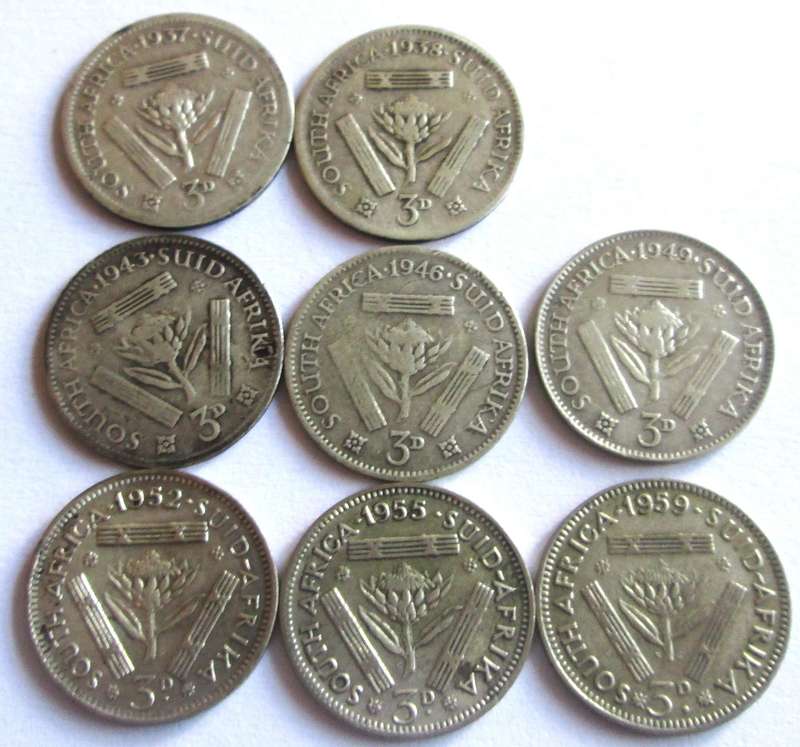 3 Pence Union of South Africa 1937 + 1938 + 1943 + 1946 + 1949 + 1952 + 1955 + 1959