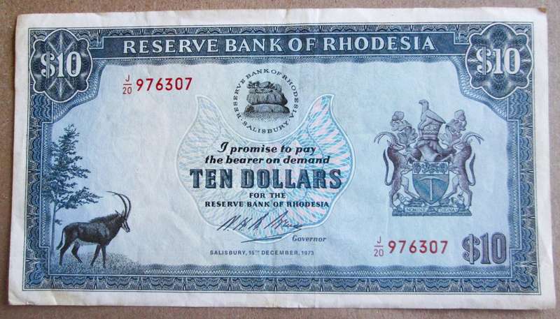 1973 Rhodesia Banknote Ten Dollars Serial Nr J20 976307 Watermark Cecil Rhodes