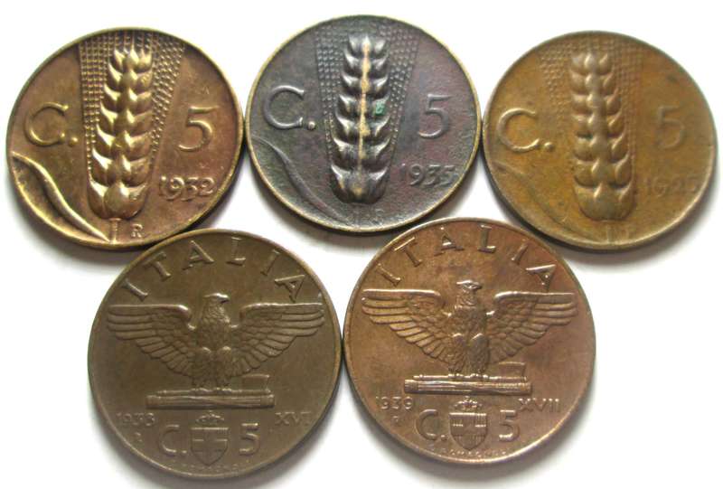 5 Centesimi Italy 1925 + 1932 + 1935 + 1938 + 1939