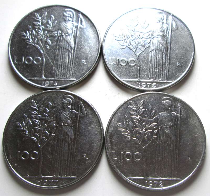 100 Lire Italy 1972 + 1974 + 1975 + 1977