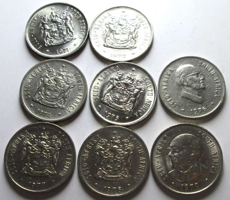20 Cents Republic of South Africa 1971 + 1972 + 1974 to 1979