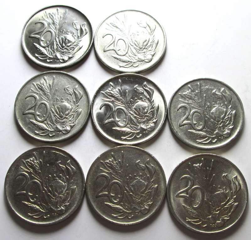 20 Cents Republic of South Africa 1971 + 1972 + 1974 to 1979