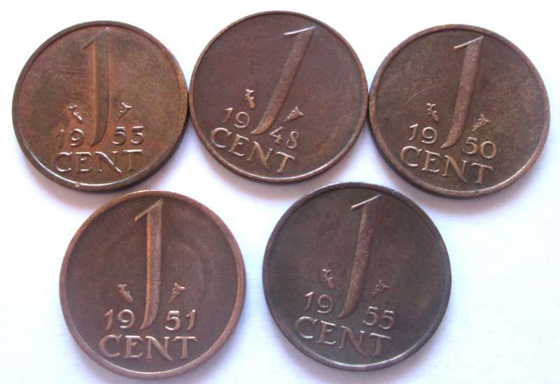 1 Cent Netherlands 1948 + 1950 + 1951 + 1953 + 1955
