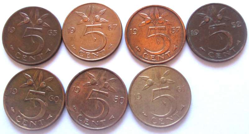 5 Cents Netherlands 1950 + 1952 + 1957 + 1960 + 1961 + 1963 + 1967