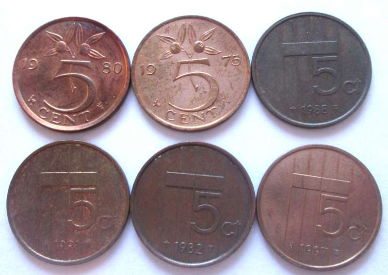 5 Cents Netherlands 1975 + 1980 + 1982 + 1988 + 1991 + 1997